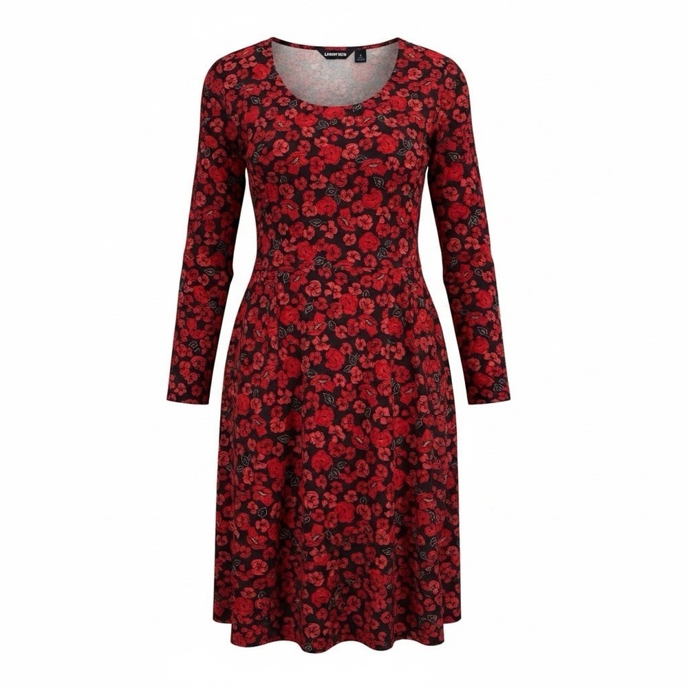 Lands' End Red Floral Fit & Flare Dress Women's Small 6-8 Pockets 3/4 Sleeve
